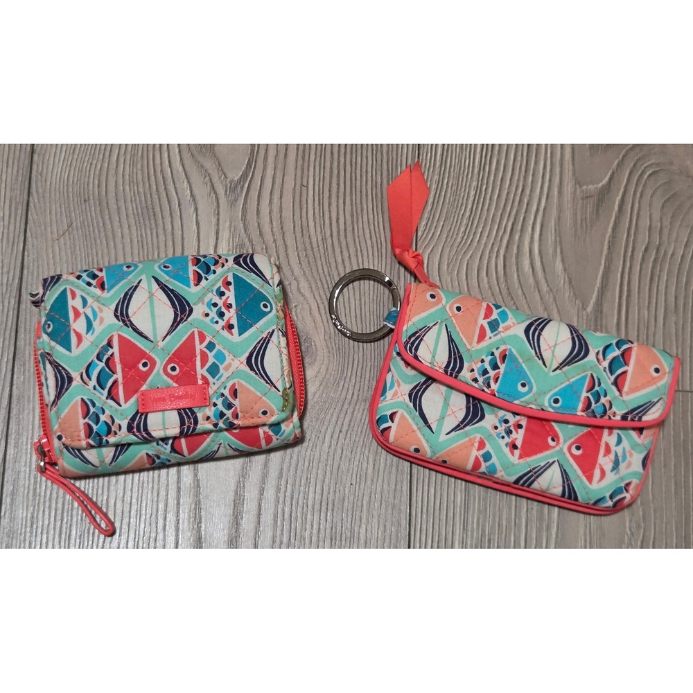 Vera Bradley Go Fish Quilted Wallet & ID Case Set Coral Teal Blue Bundle Retired - Picture 1 of 6